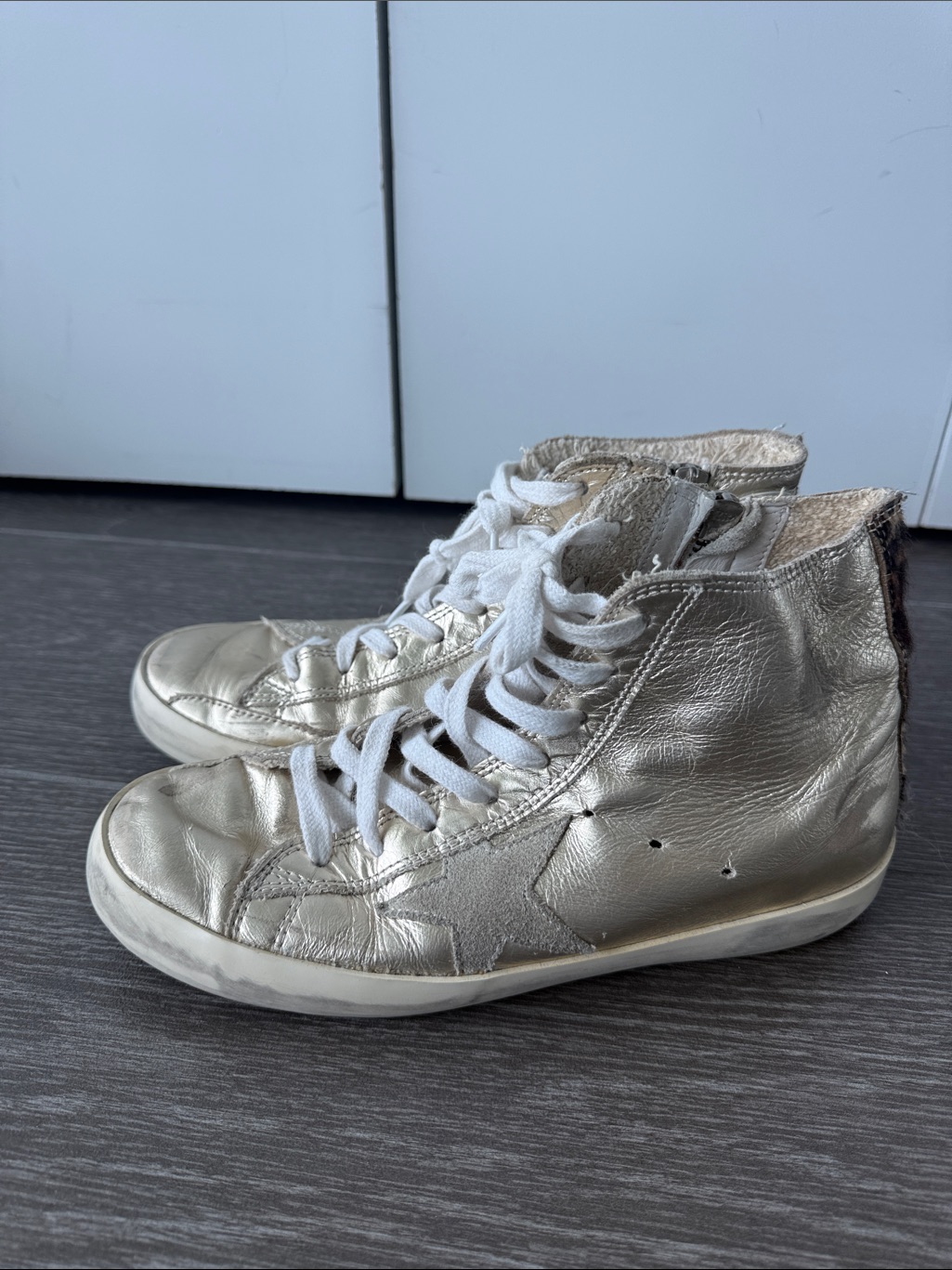 Golden Goose Metallic Gold High-Top Sneakers With White Laces